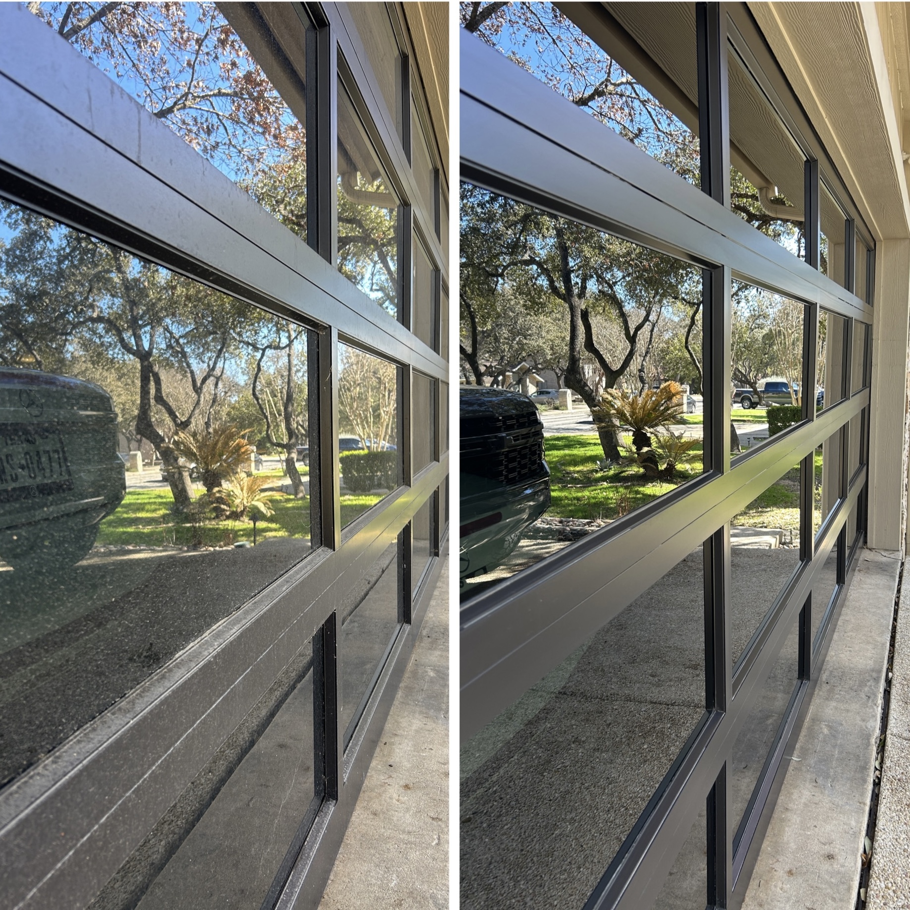 Before and after comparison of ClearCrew window cleaning — mineral-stained cloudy glass on the left, crystal clear on the right