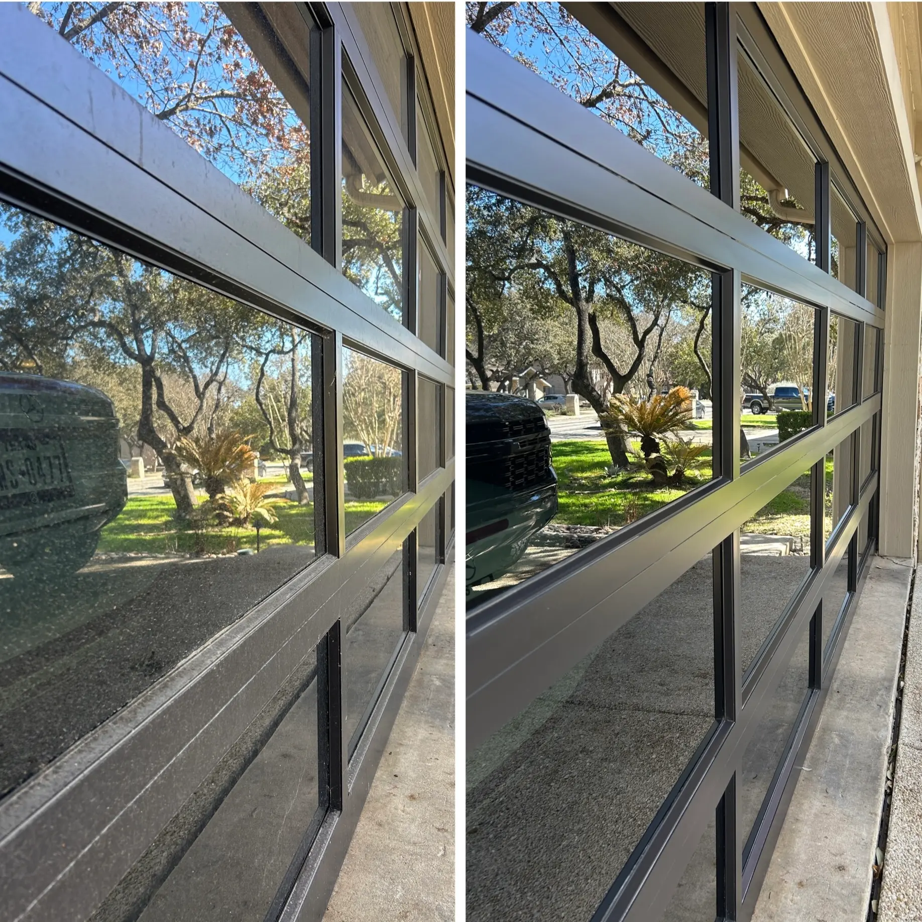 Before and after comparison of ClearCrew window cleaning — dirty glass on the left, crystal clear on the right